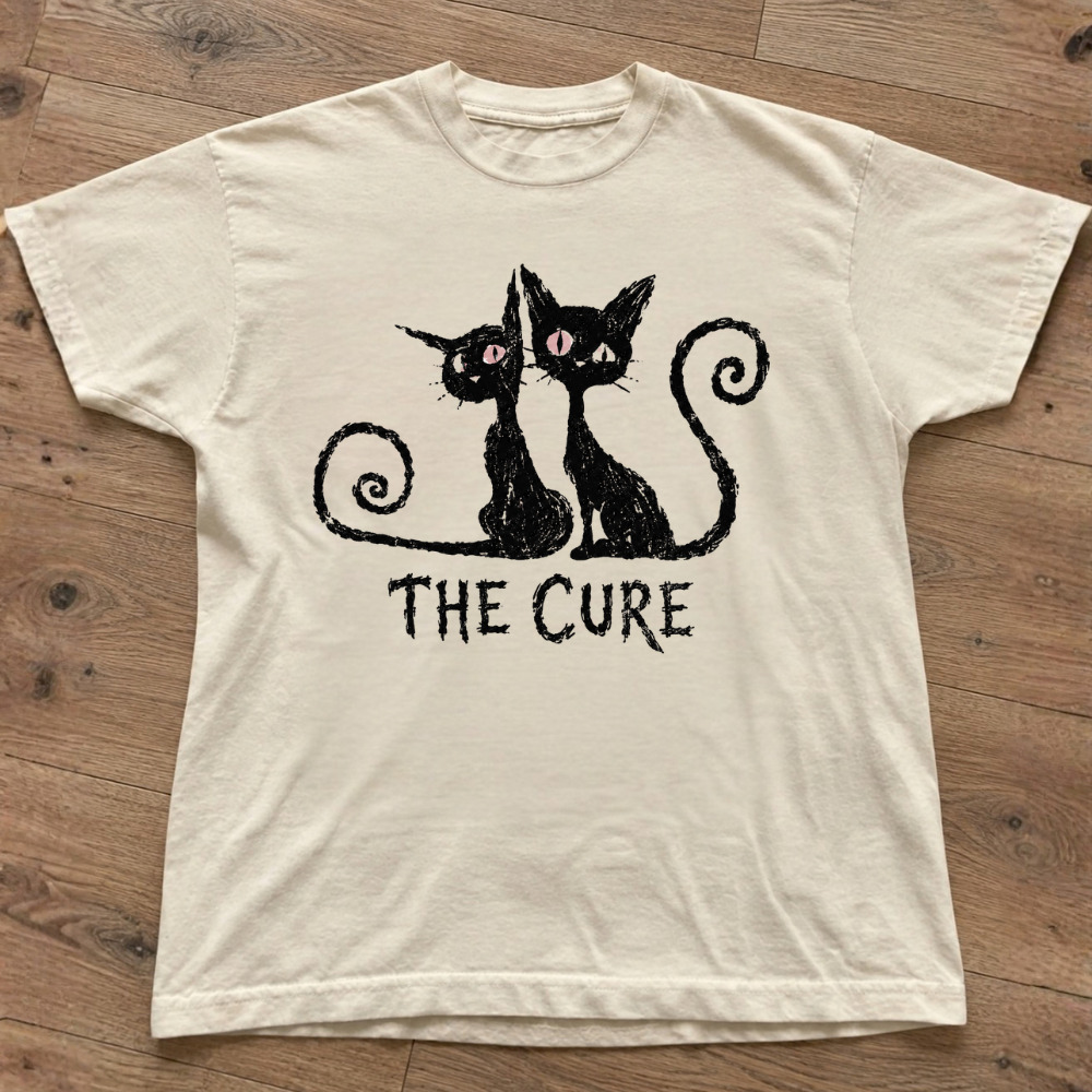 The Cure Black Cats Pink Eyes Sketch Goth T-Shirt